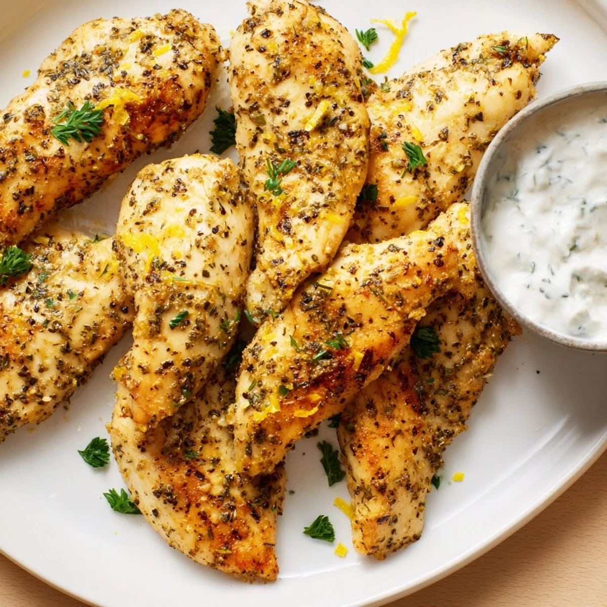 Juicy herb-marinated chicken strips with a golden brown crust arranged on a white plate with creamy Greek yogurt dip