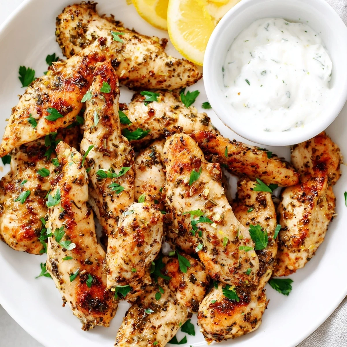 Close-up of tender Mediterranean chicken spiced with paprika and oregano, plated with tangy dill yogurt sauce and lemon wedges
