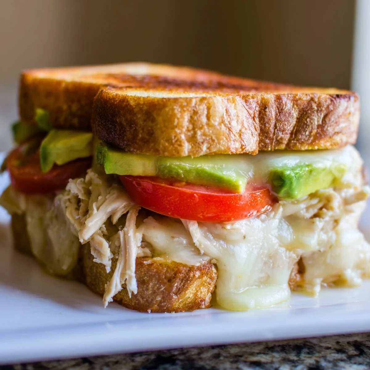 Crispy panini style chicken avocado melt sandwich oozing melted provolone between buttered golden bread slices
