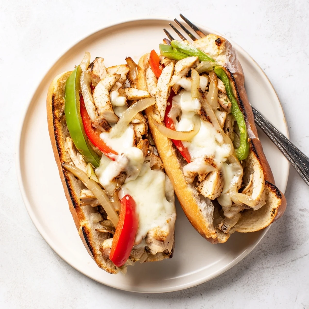 Golden toasted hoagie roll overflowing with tender chicken cheesesteak sandwich, melted provolone cheese and sautéed colorful bell peppers