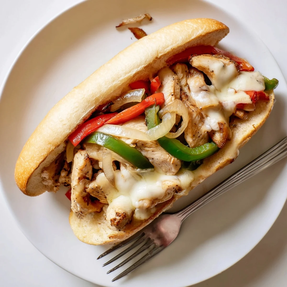 Sizzling chicken cheesesteak sandwich piled high on crispy bread with gooey melted provolone, caramelized onions and sweet peppers