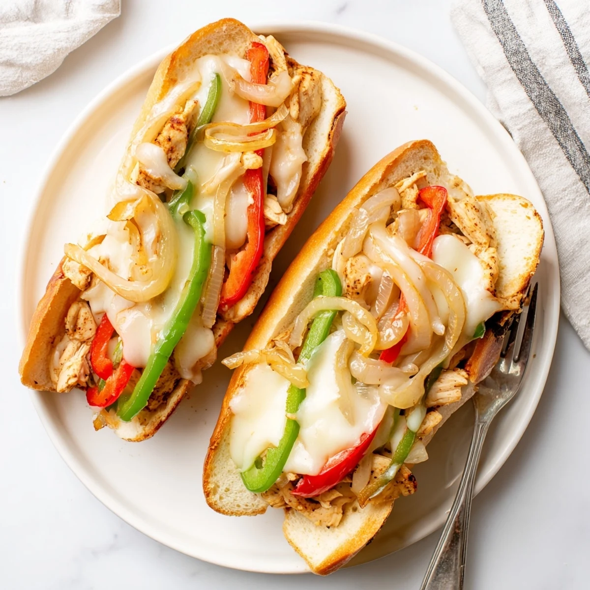 Homemade chicken cheesesteak sandwich featuring juicy seasoned chicken strips, melted provolone and tender vegetables nestled in warm toasted roll
