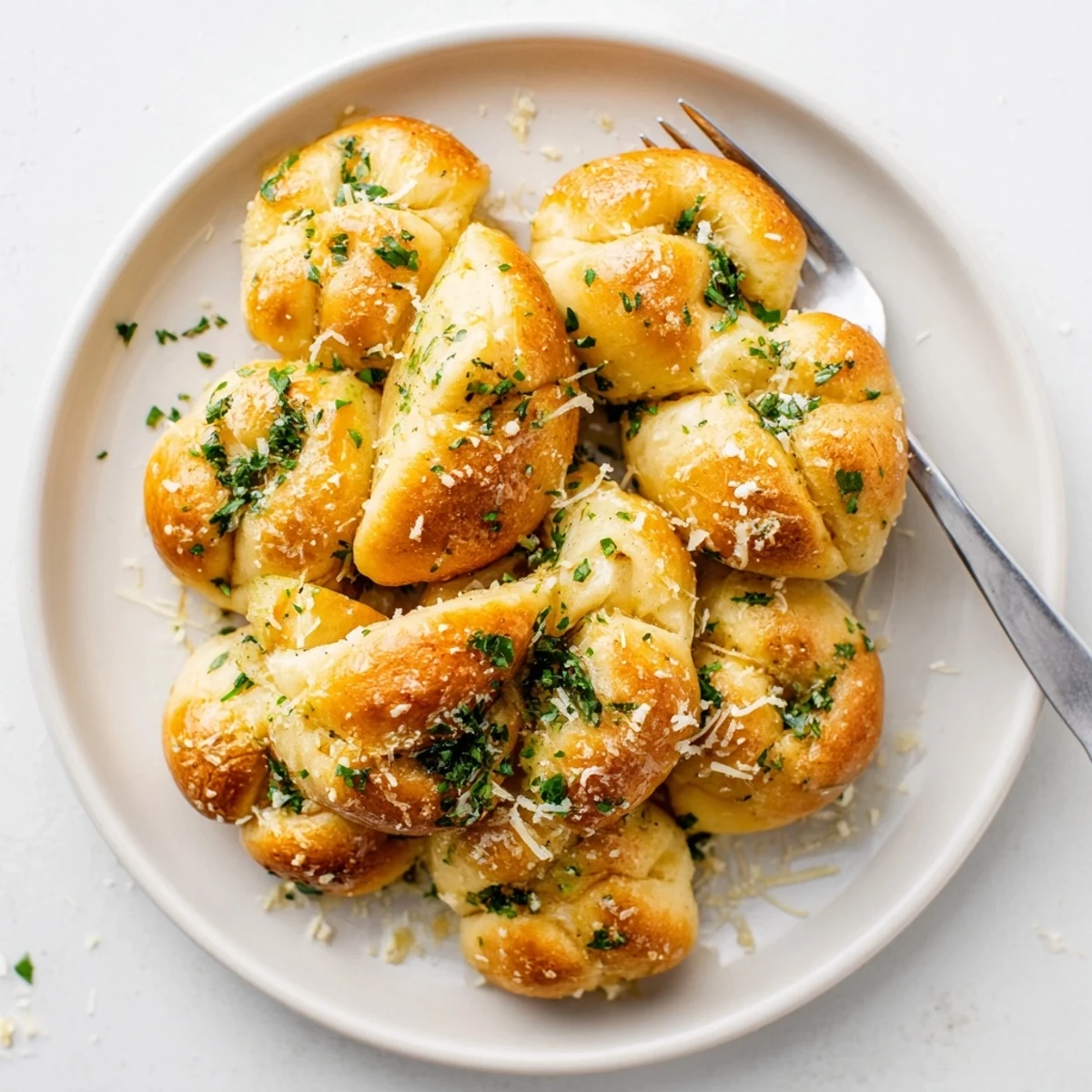 Golden brown gluten-free garlic knots brushed with melted butter and fresh parsley