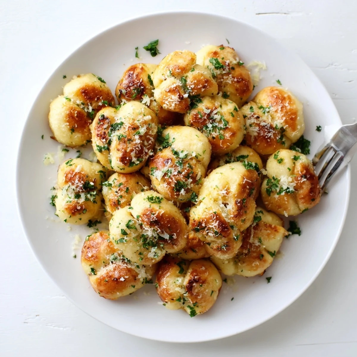 Soft pillowy gluten-free garlic knots arranged on a white baking sheet with herbs