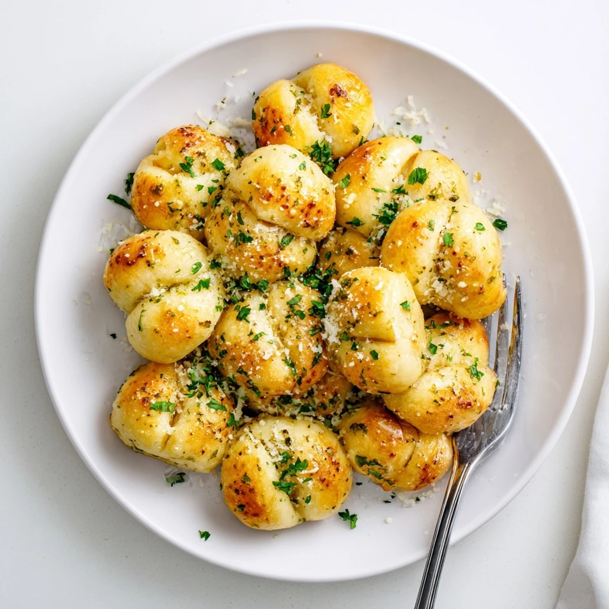 Plate of warm gluten-free garlic knots topped with Parmesan and chopped green parsley