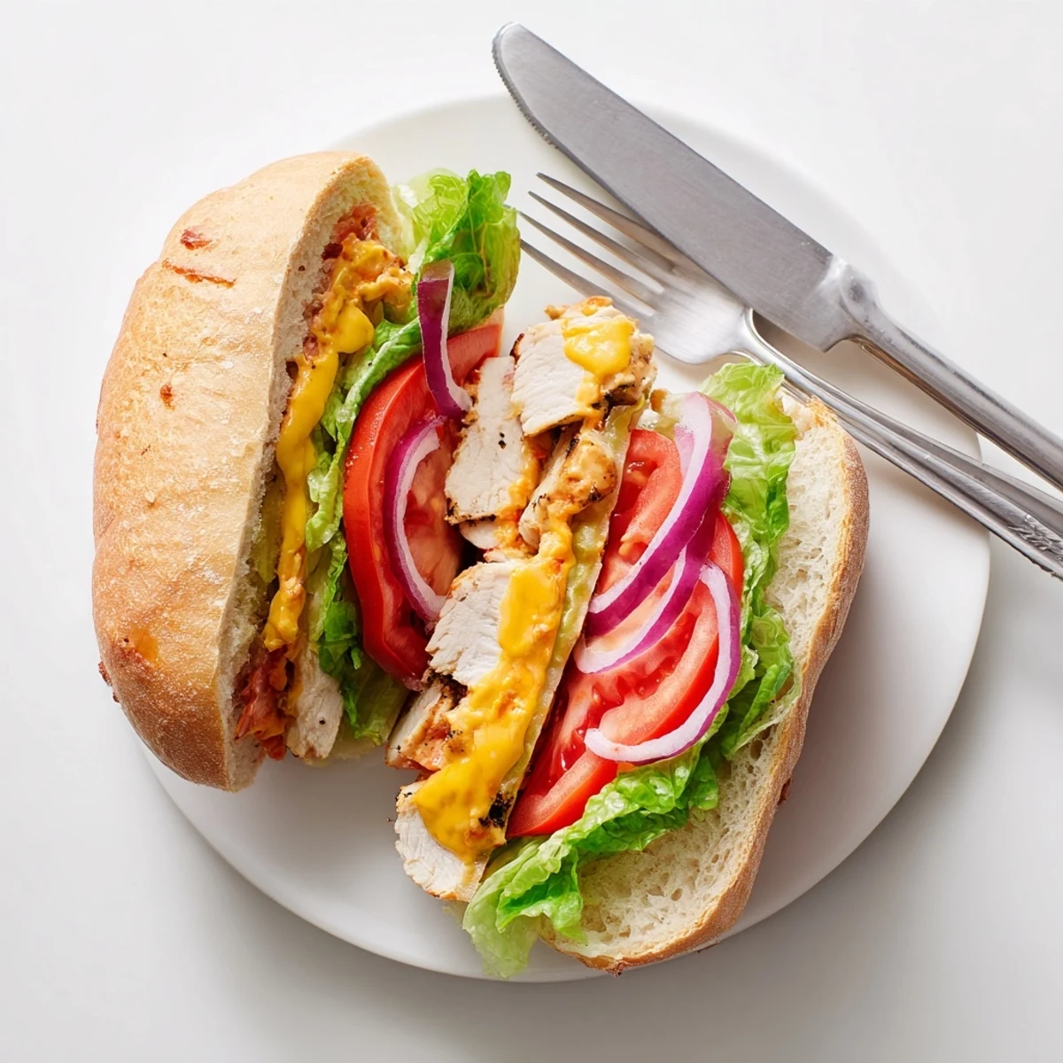 Homemade cheesy grilled chicken sandwich layered with fresh tomatoes and tangy sauce