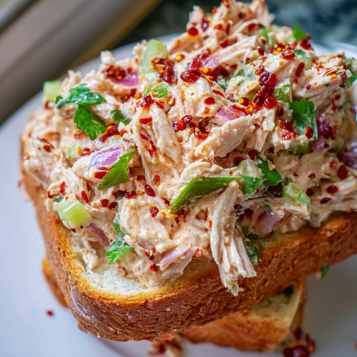Vibrant chicken salad sandwich featuring tender meat, crunchy greens, and spicy chili crisp accent