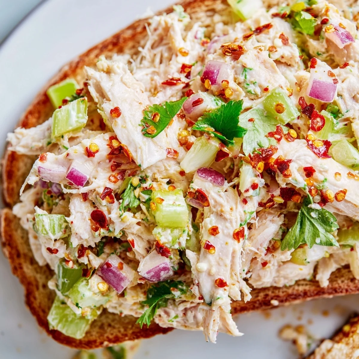Toasted bread overflowing with creamy chicken salad, fresh cucumber, and zesty chili crisp topping