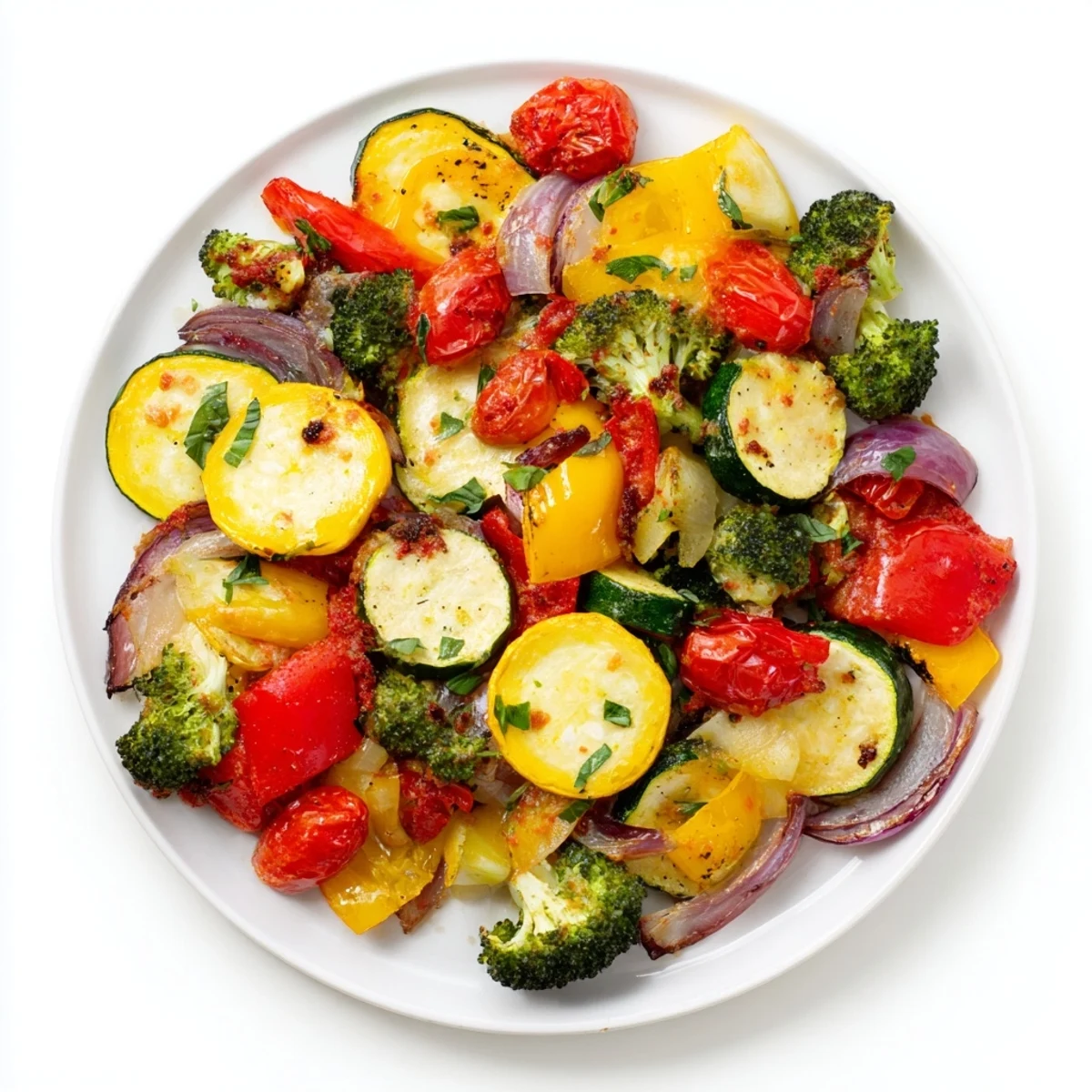 Golden oven-roasted vegetables drizzled with creamy sun-dried tomato sauce and fresh basil garnish