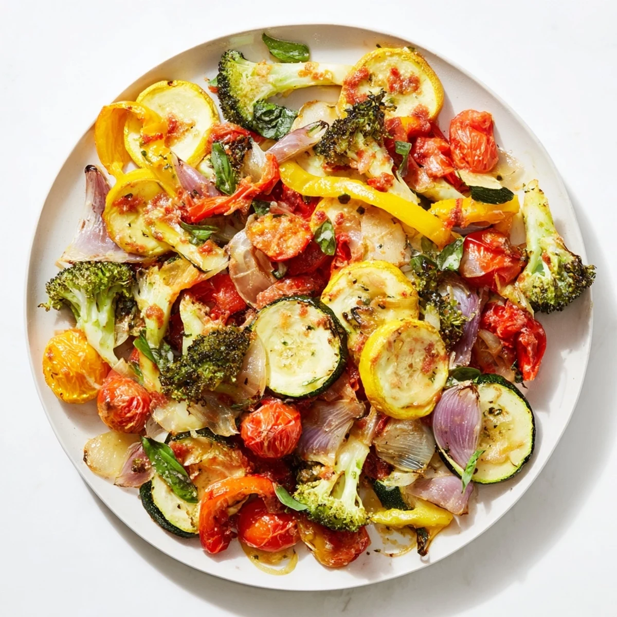 Colorful Marry Me roasted vegetable medley arranged on serving platter with rich Parmesan cream sauce