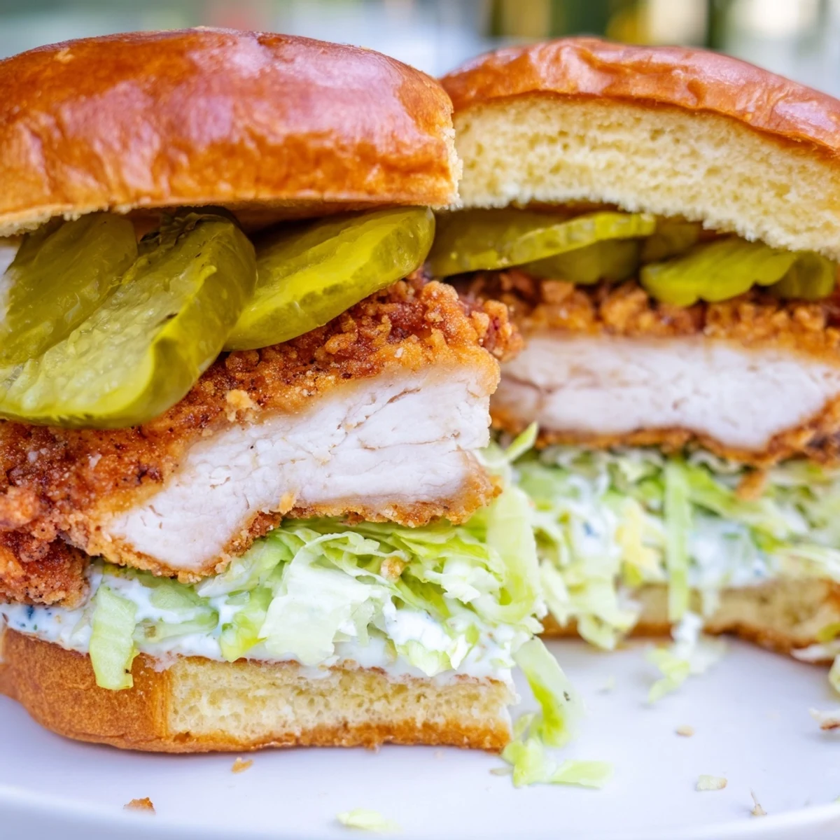 Golden brown crispy dill chicken sandwich on toasted brioche bun with fresh lettuce
