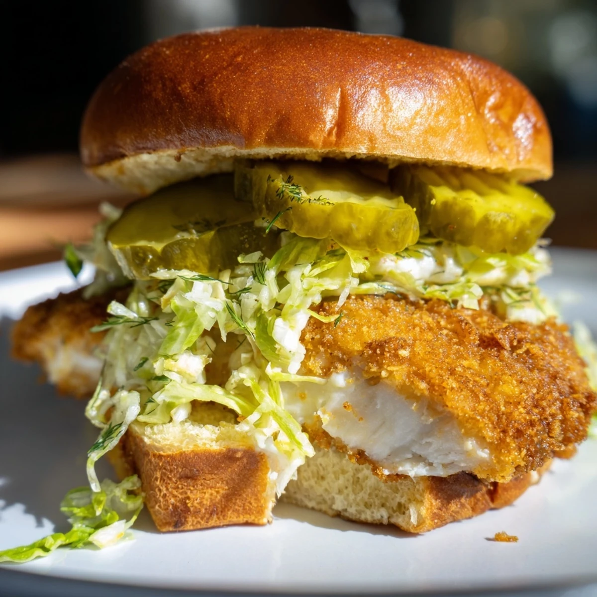 Homemade crispy dill chicken sandwich featuring juicy fried breast with crunchy breading on soft bun