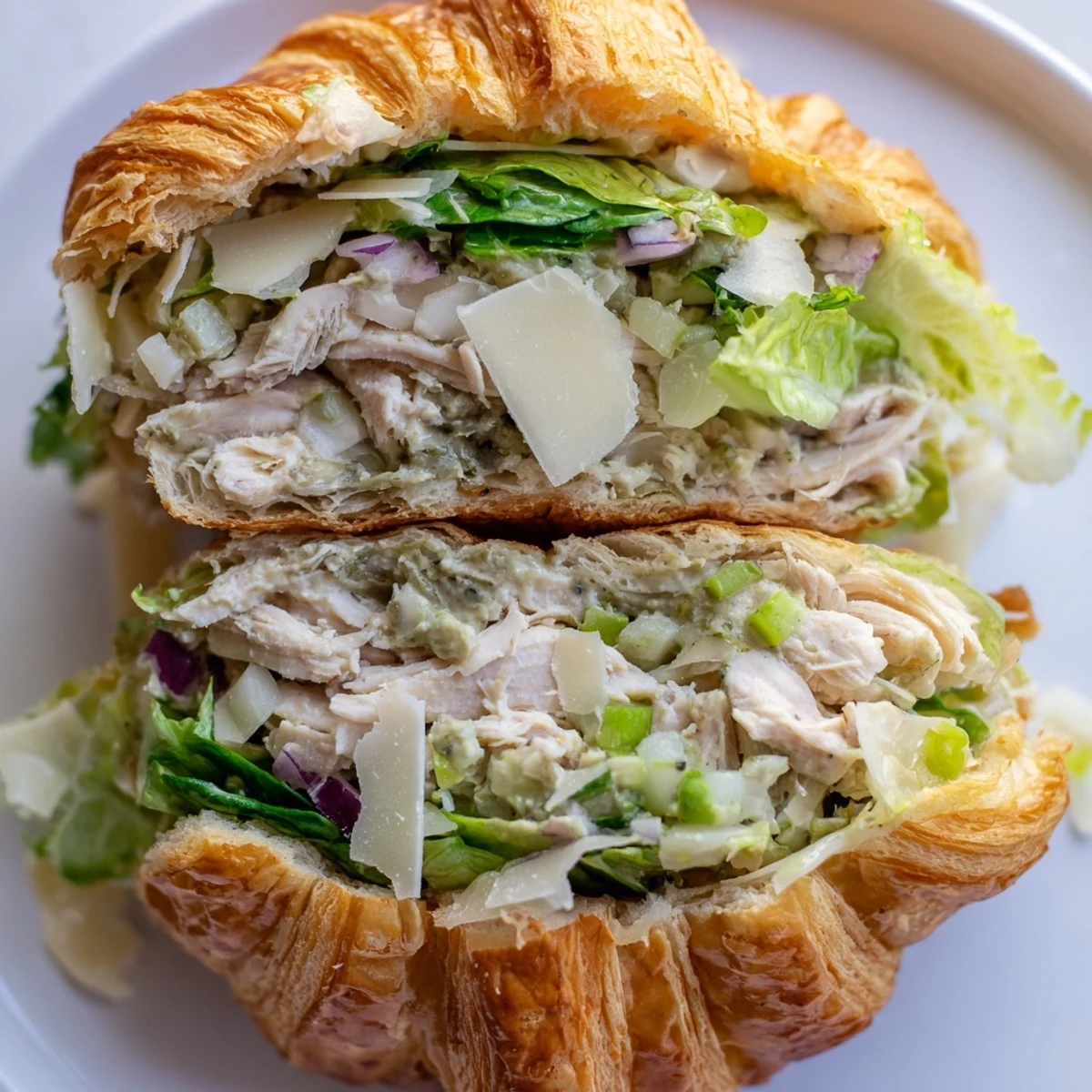 Halved croissant filled with chunky chicken Caesar salad topped with crunchy romaine and cheese