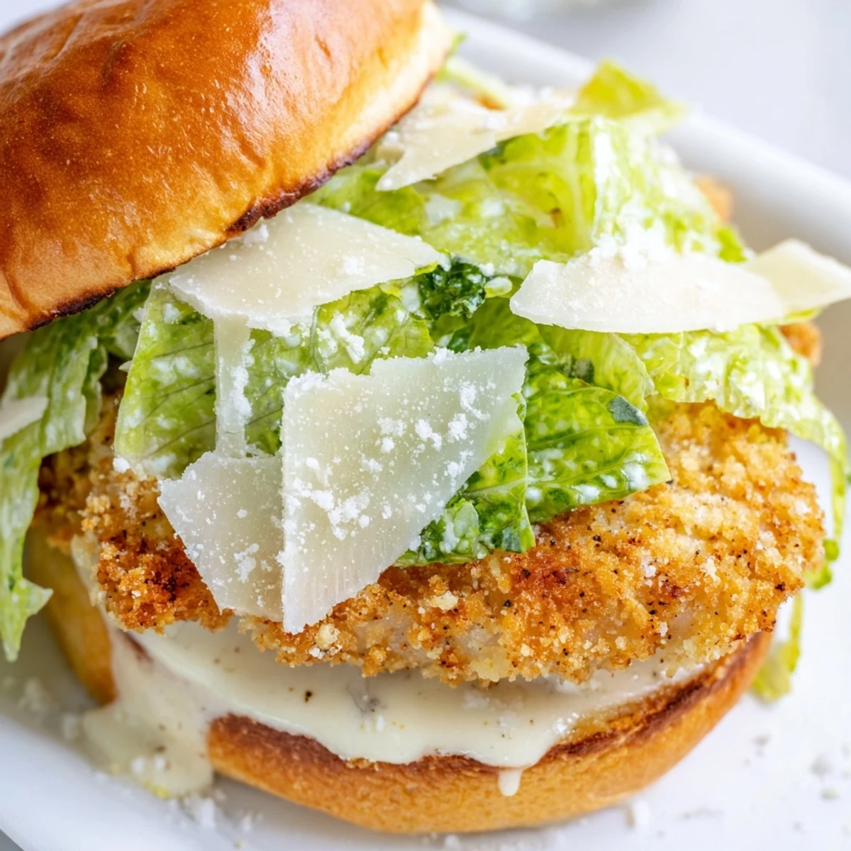 Golden brown crispy chicken Caesar sandwich stacked with romaine lettuce and Parmesan on a toasted bun