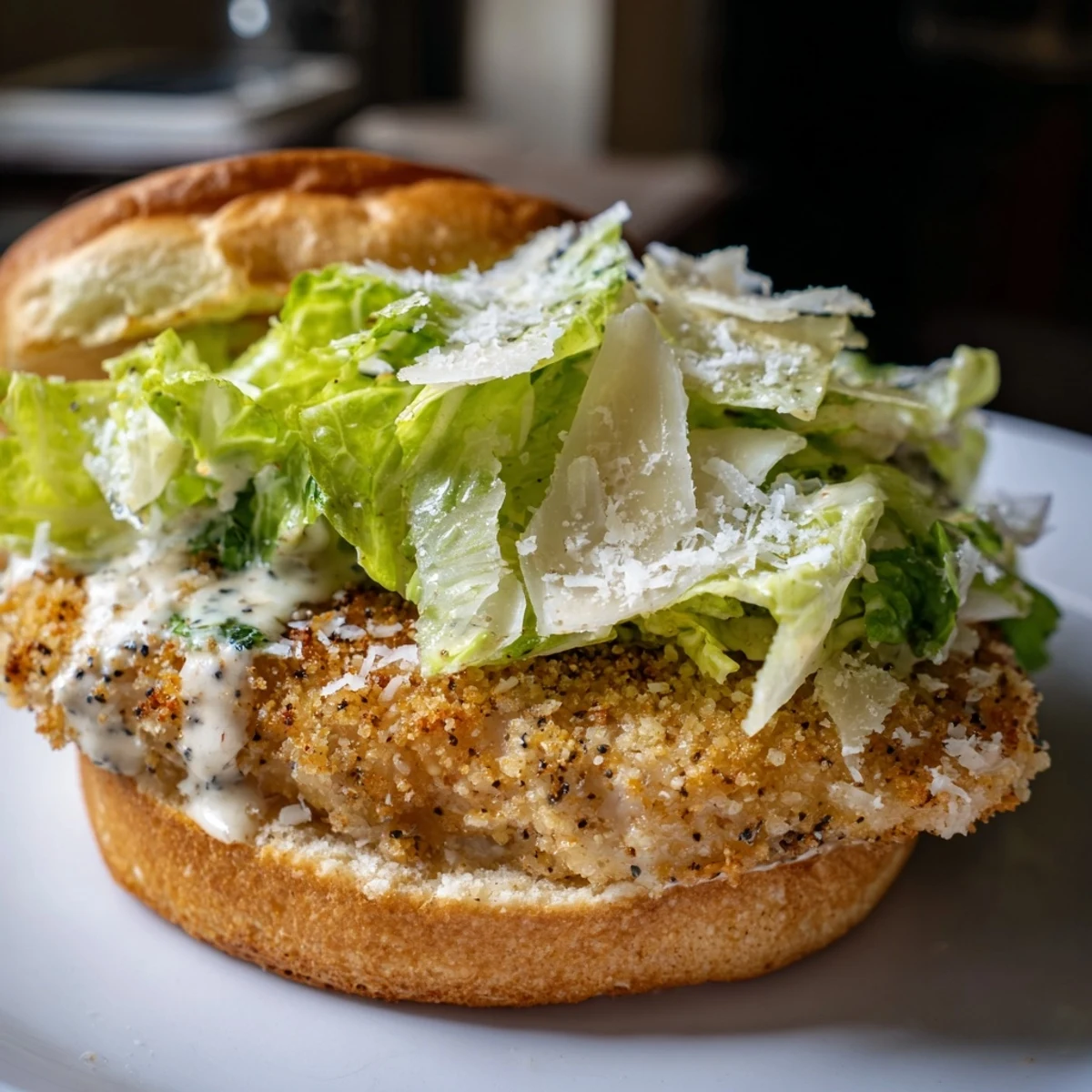 Homemade crispy chicken Caesar sandwich featuring crunchy fried chicken breast with shredded lettuce and savory dressing