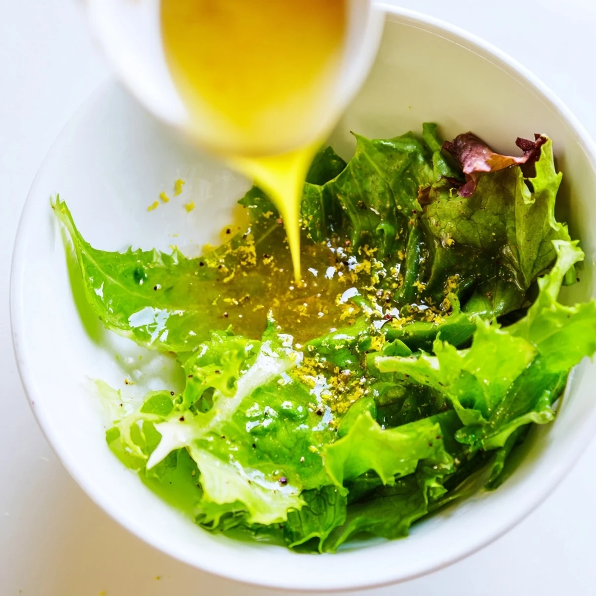 Golden honey lemon vinaigrette drizzled over fresh mixed green salad with vibrant vegetables