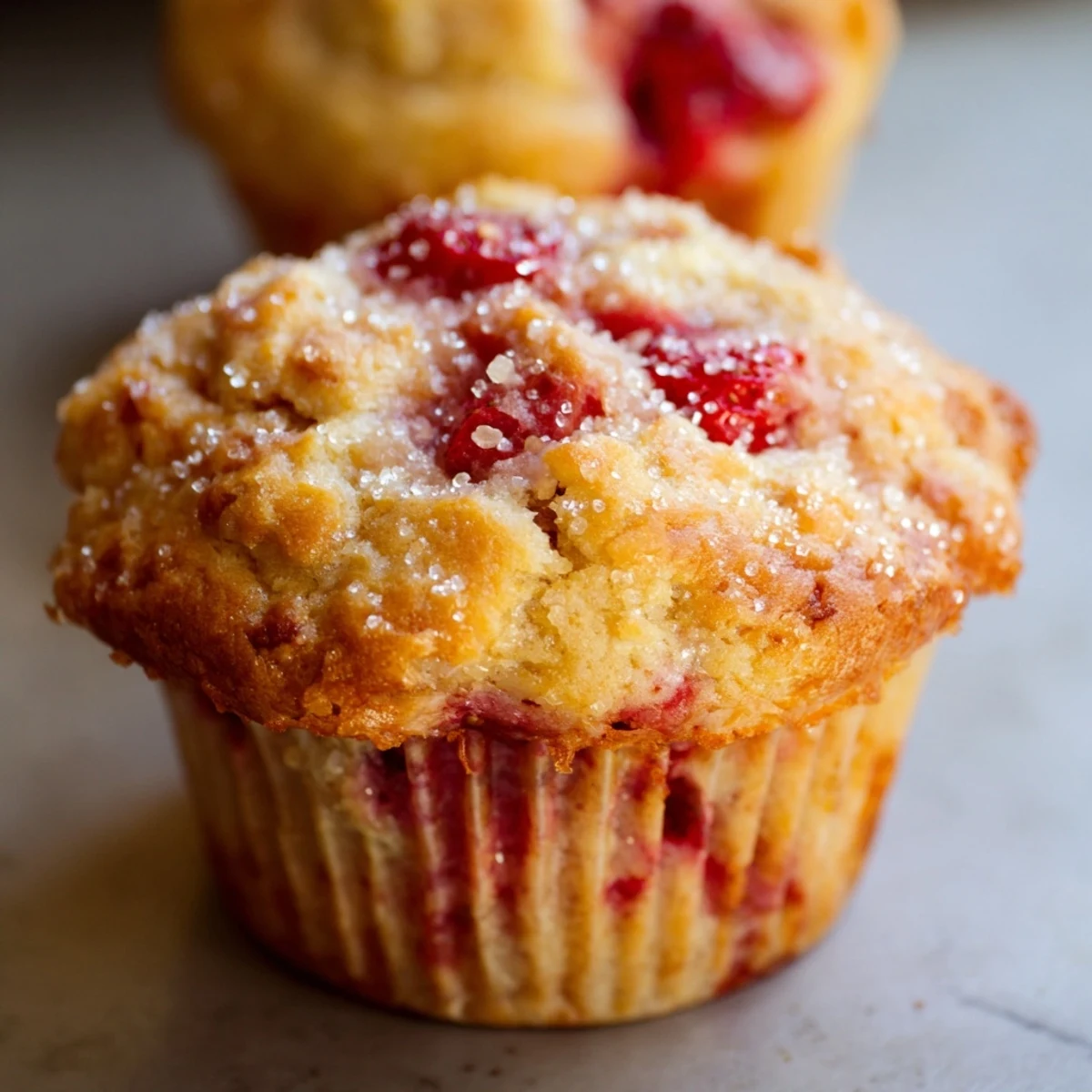 Golden bakery style fresh strawberry muffins topped with sparkling coarse sugar