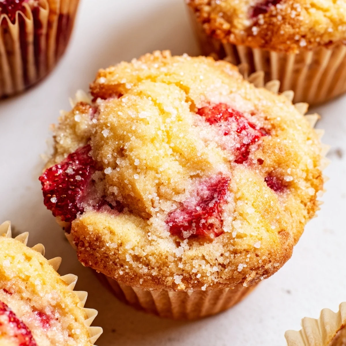 Moist bakery style fresh strawberry muffins bursting with juicy red berries