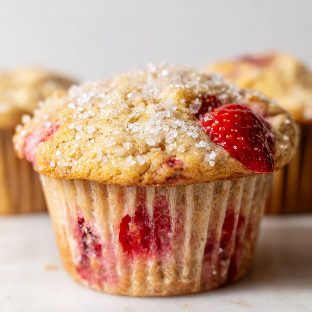 Fresh strawberry muffins with golden crumbly tops on a wire cooling rack