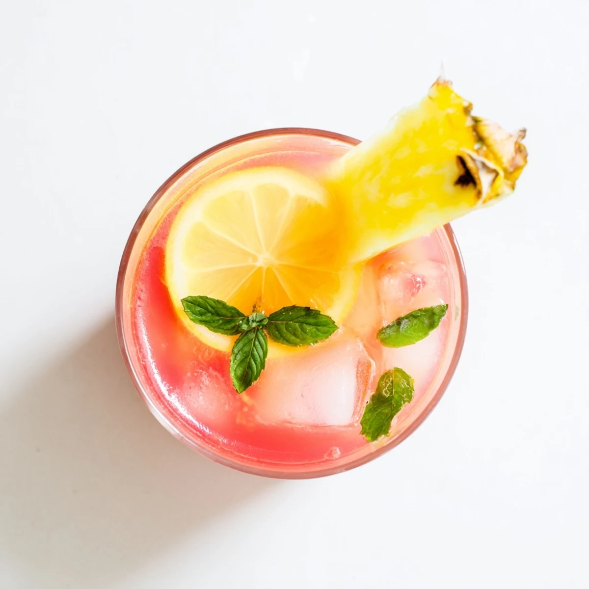 Golden pineapple pink lemonade in a glass pitcher garnished with fresh pineapple wedges and bright green mint leaves