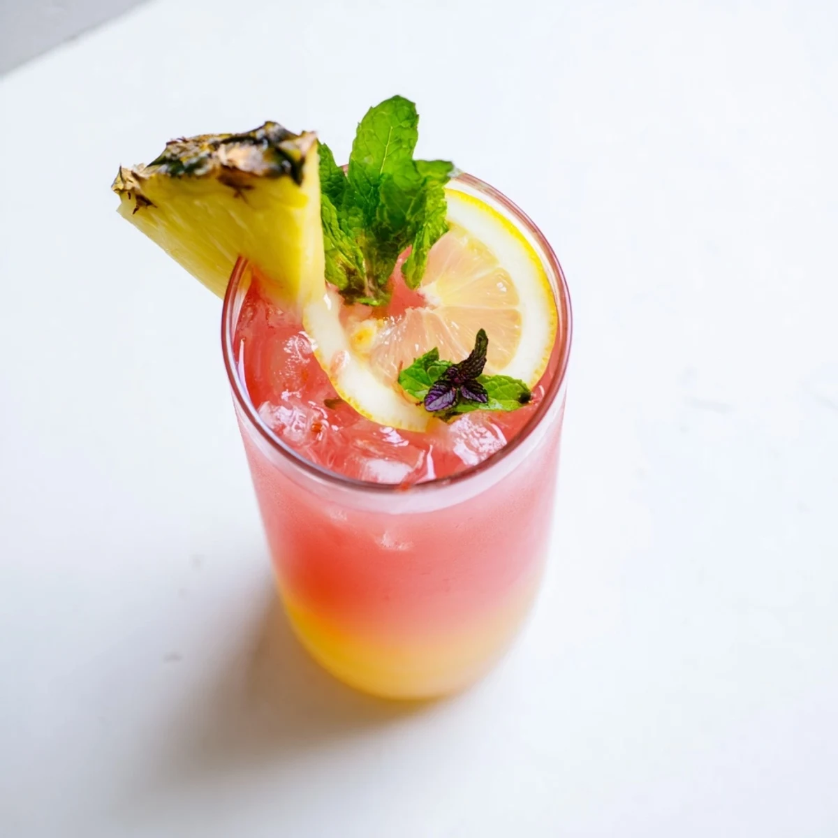 Vibrant pink pitcher of pineapple pink lemonade filled with ice and topped with citrus slices and fresh mint