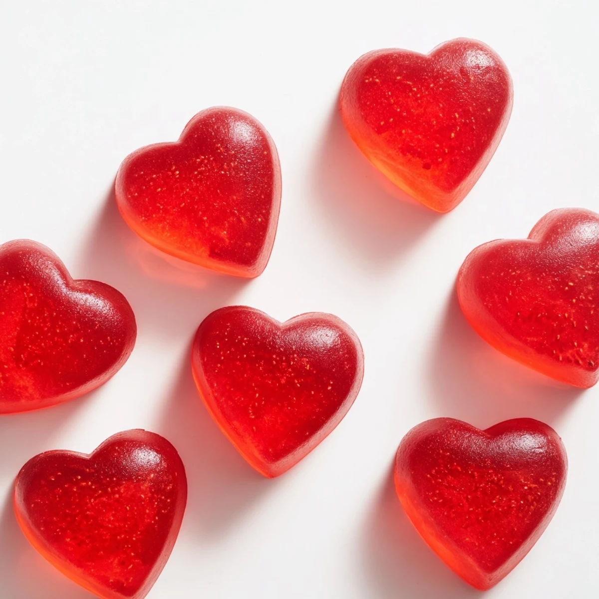 Chewy homemade strawberry gummies arranged on a white plate, showcasing their vibrant red color and glossy finish