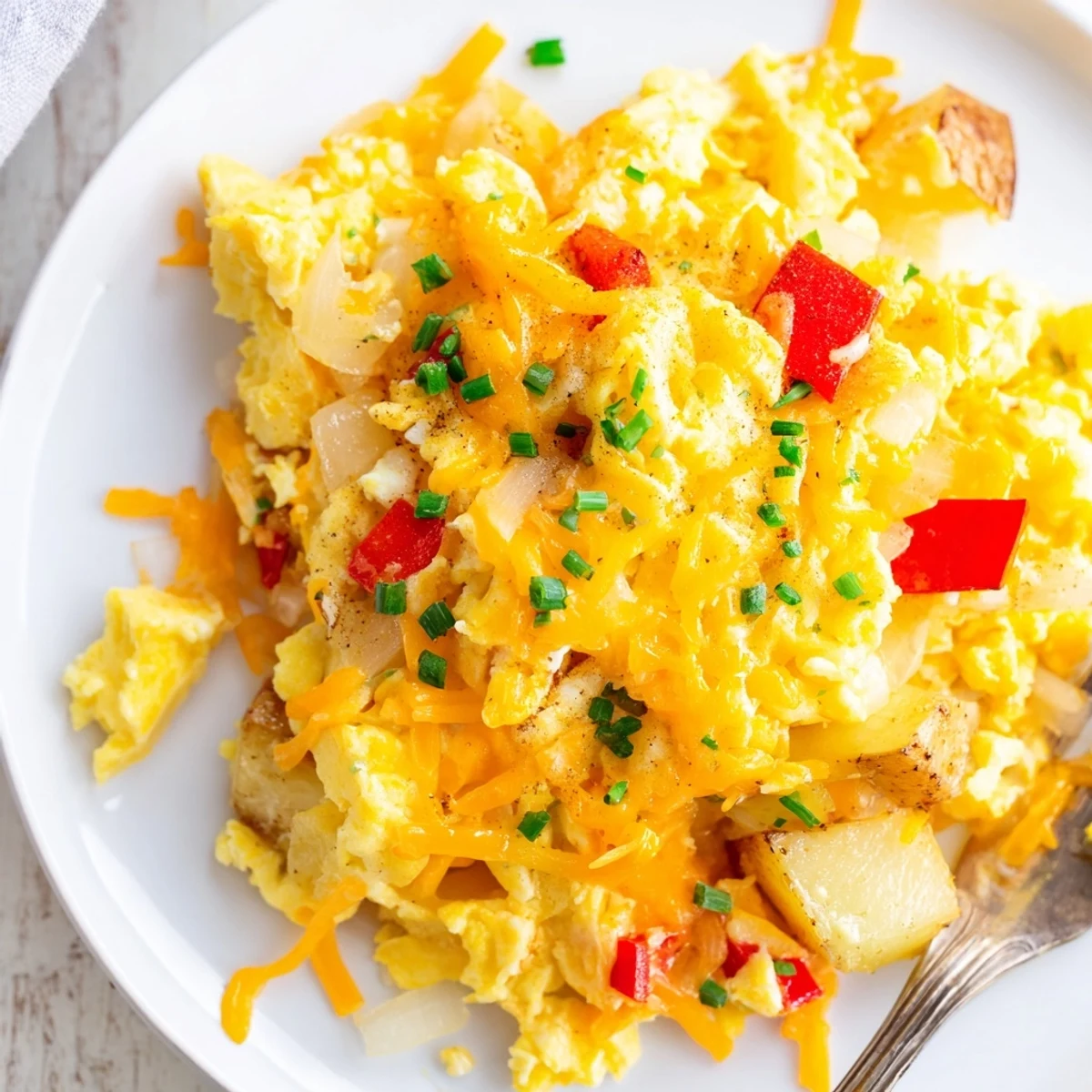 Golden potato chunks and fluffy scrambled eggs loaded with melted cheddar cheese in a skillet