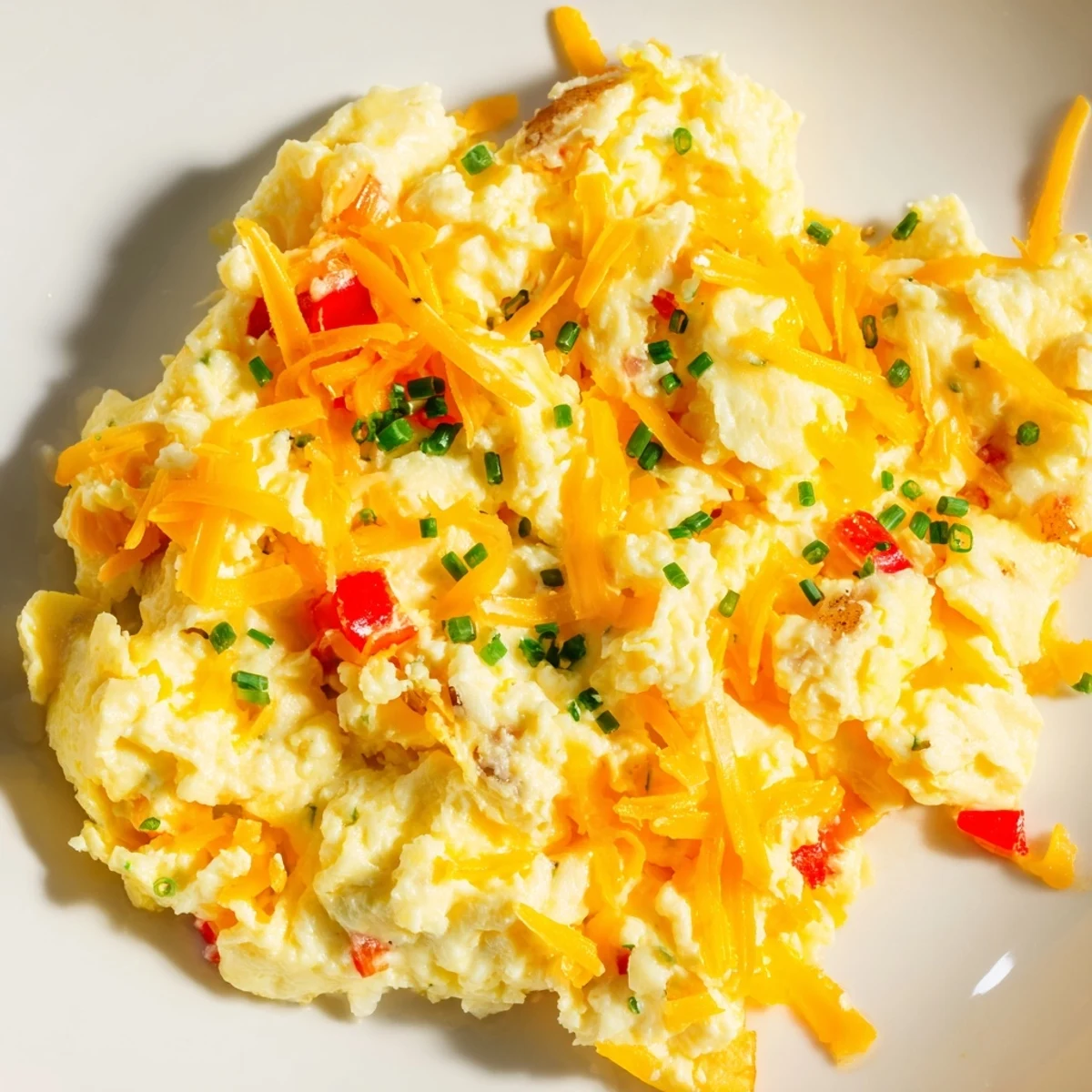 Hearty cheesy potato egg scramble served hot with vibrant red bell pepper pieces and onions