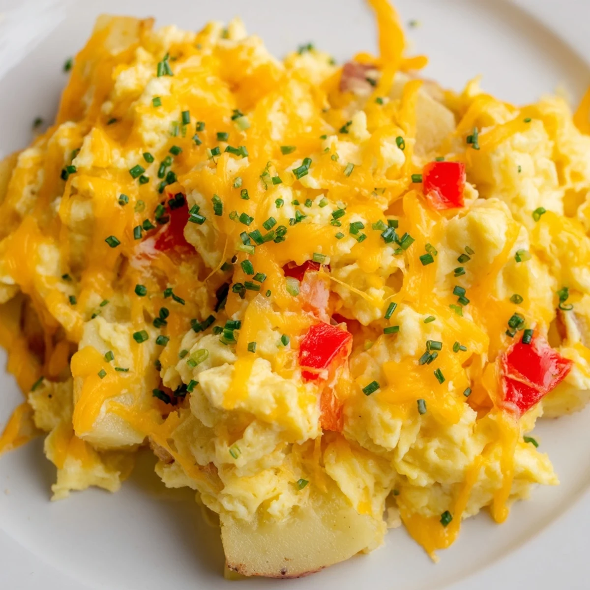 Creamy vegetarian breakfast scramble featuring russet potatoes, eggs, and shredded cheese ready for serving