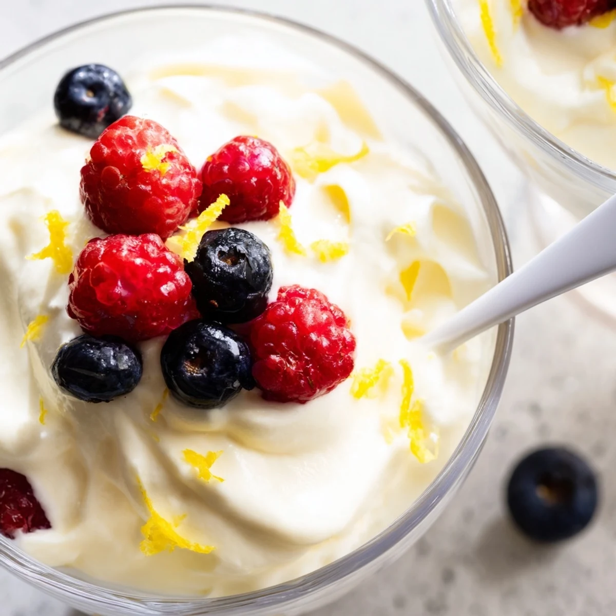Fluffy lemon mascarpone mousse dessert garnished with lemon zest and served in elegant white bowls