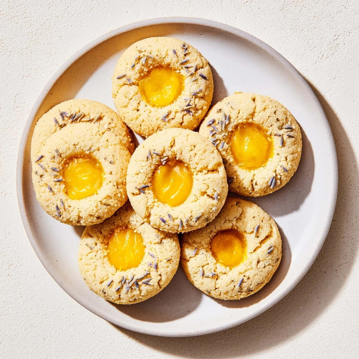 Buttery thumbprint cookies filled with tangy lemon curd and flecks of dried lavender flowers