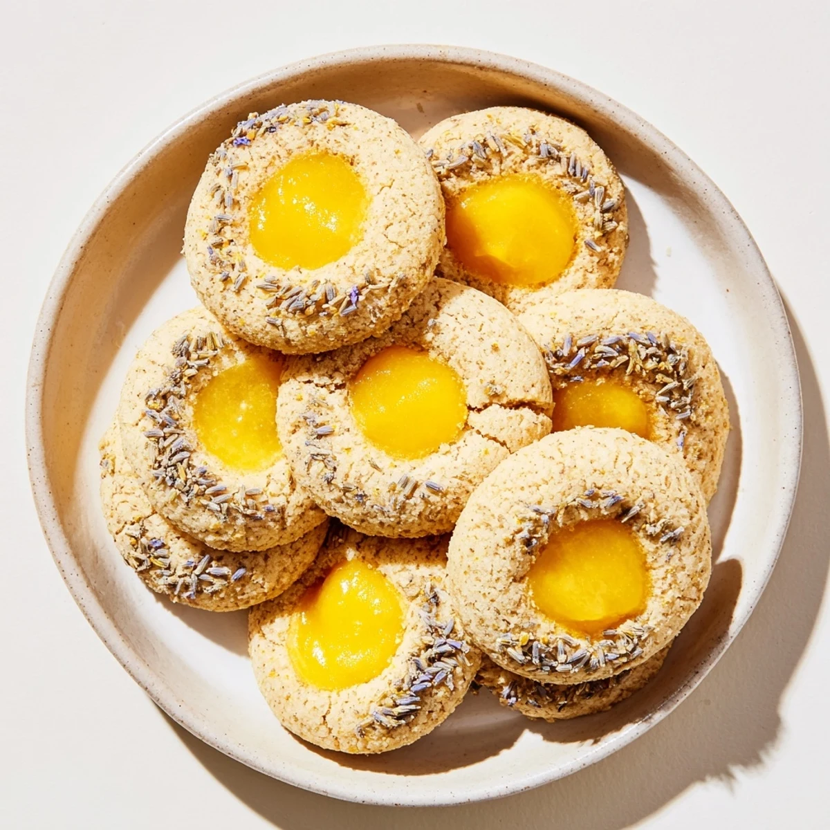 Golden lemon lavender thumbprint cookies with bright lemon curd centers on a white plate