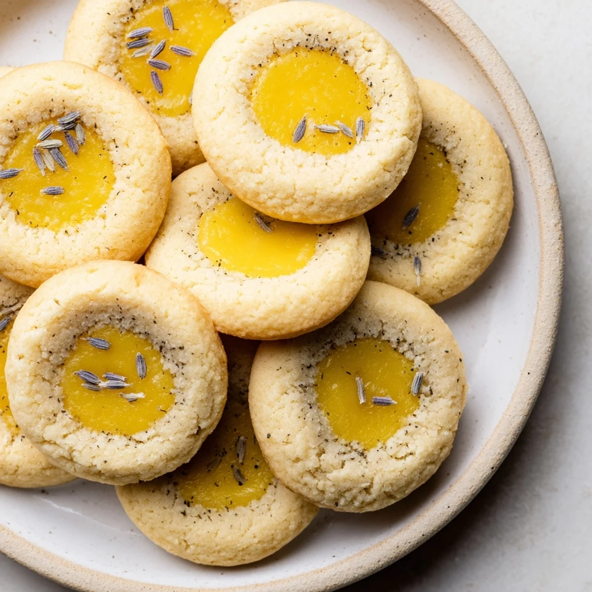 Close up of lemon lavender thumbprint cookies with sweet yellow lemon curd filling the center