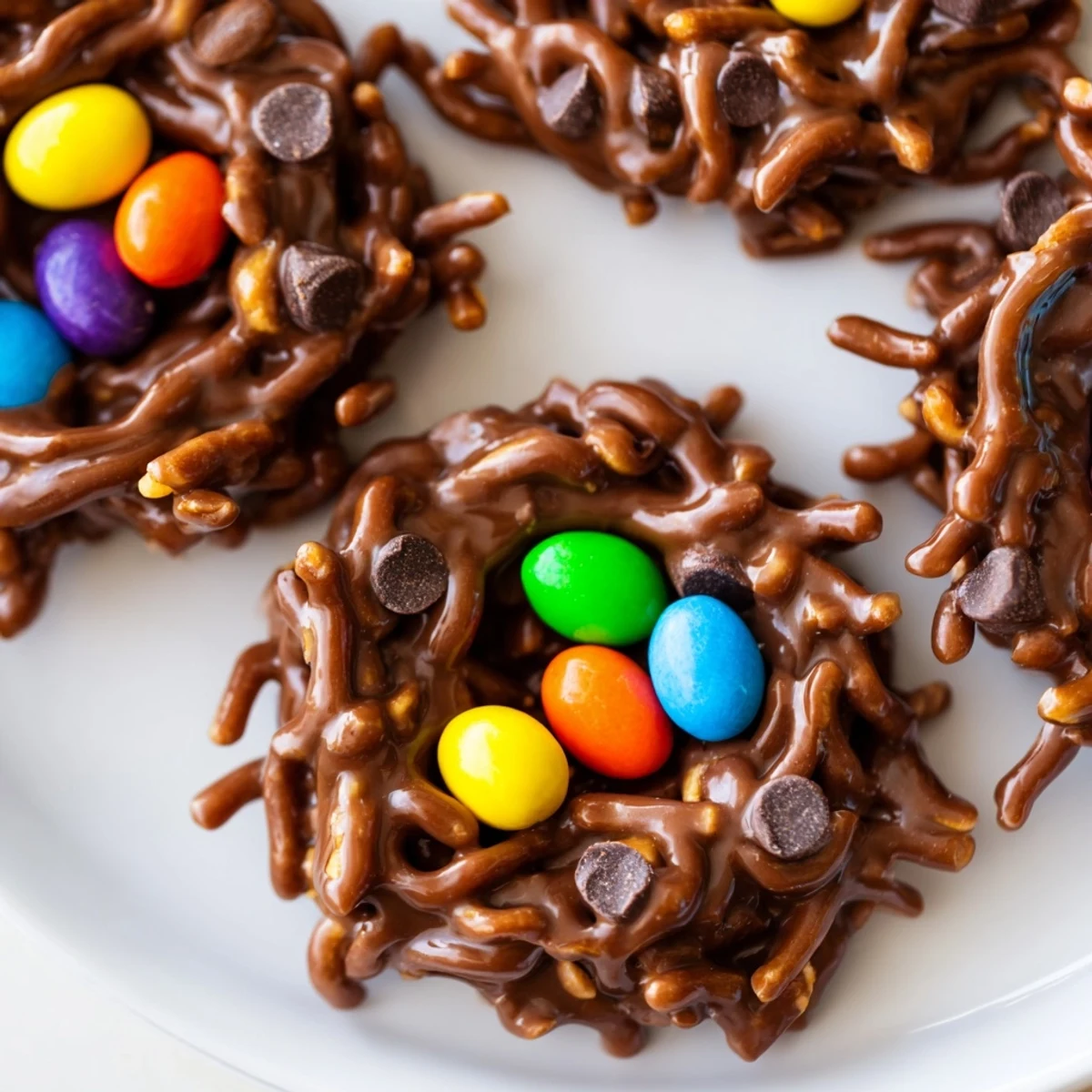 Crispy chow mein noodle no bake birds nest cookies filled with pastel chocolate eggs for Easter