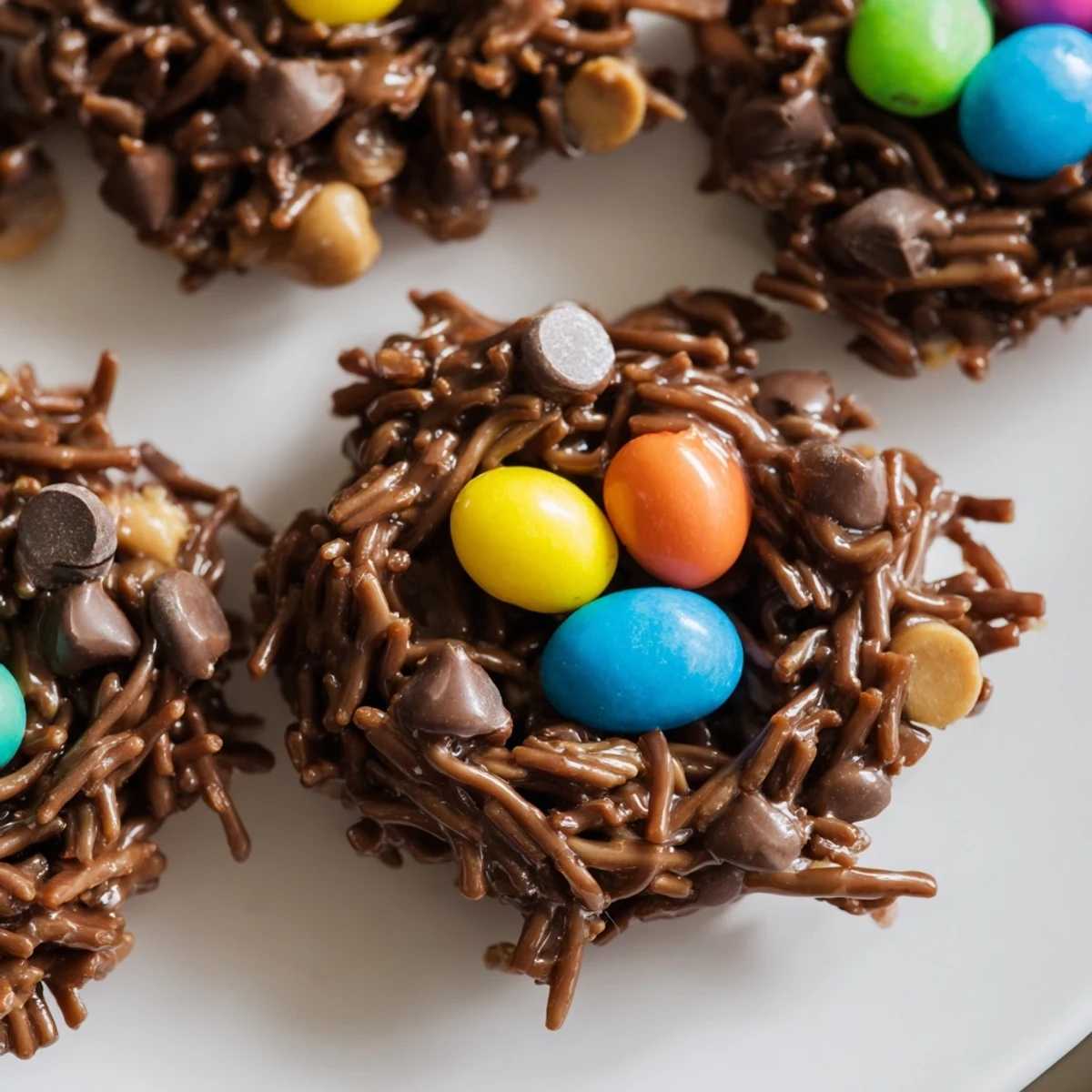 Gooey peanut butter chocolate no bake birds nest cookies arranged on parchment paper with candy decorations