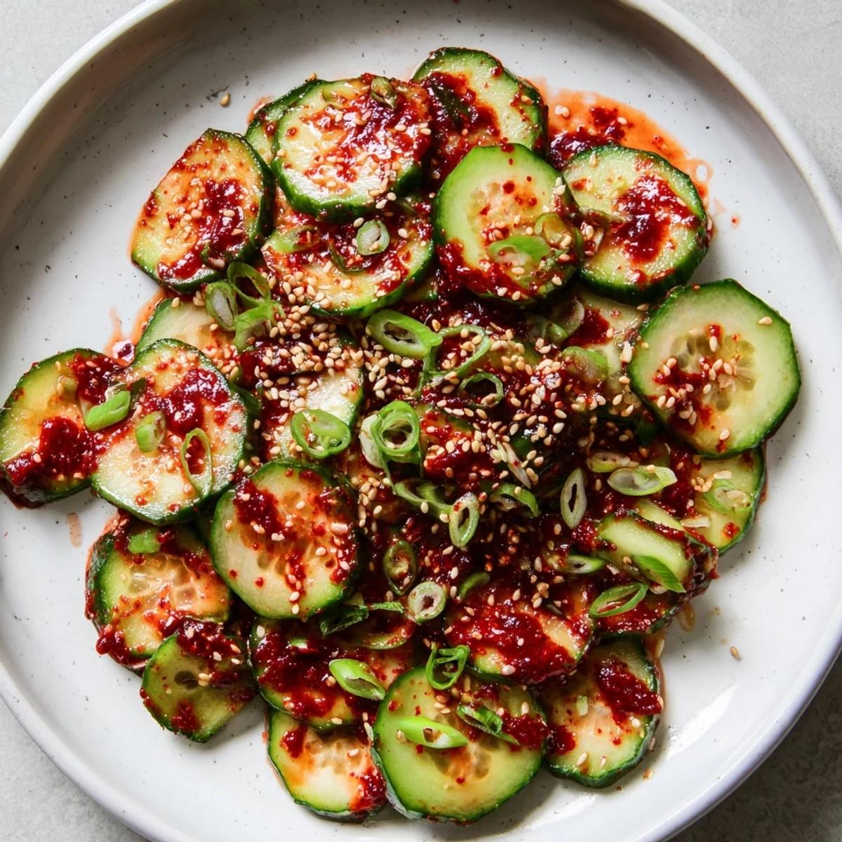 Fresh Korean cucumber salad tossed in spicy red chili dressing with toasted sesame seed garnish
