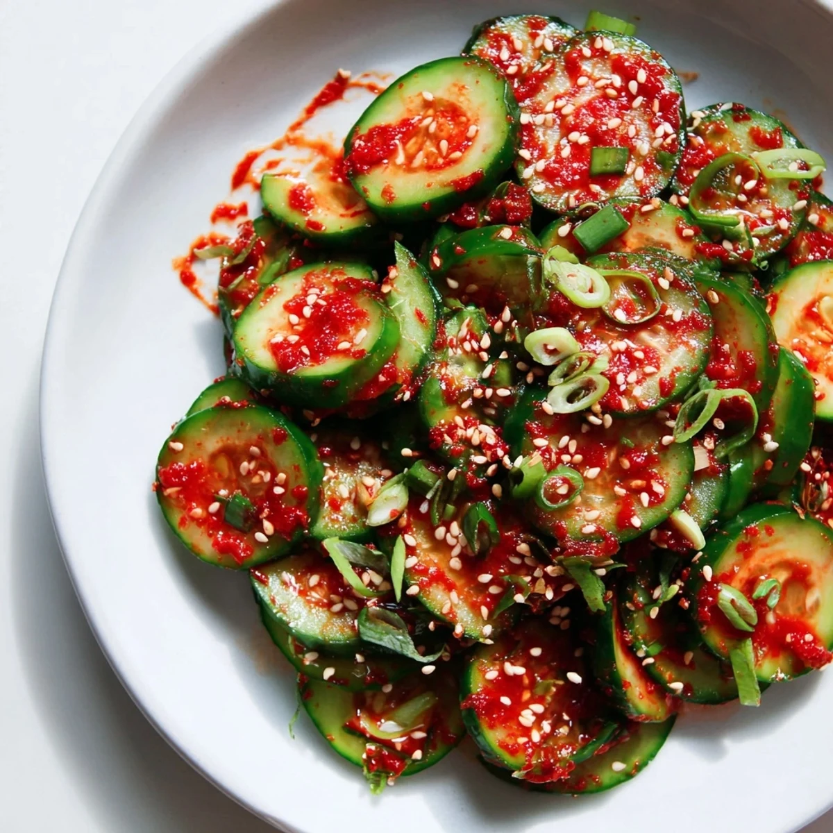 Vibrant Korean cucumber side dish featuring gochugaru dressing, scallions, and crunchy sesame topping