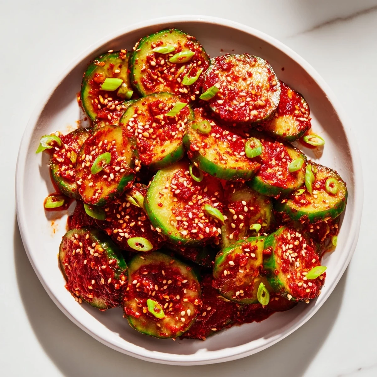 Crisp cucumber slices coated in sweet and spicy Korean sauce with green onions and sesame seeds