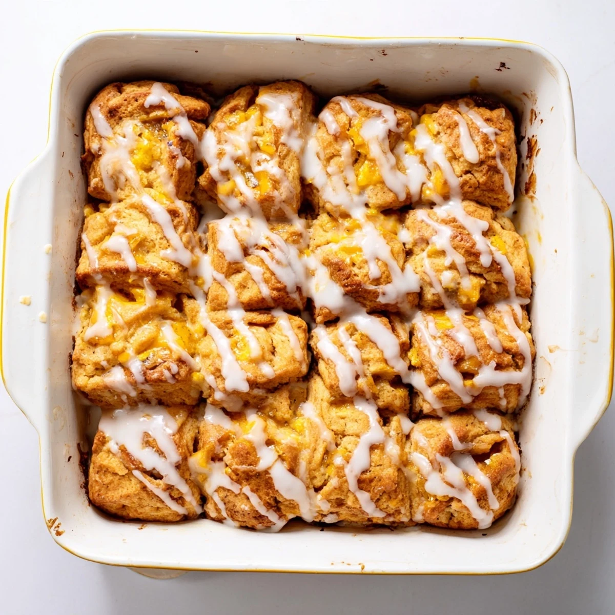 Warm peach swim biscuits topped with creamy vanilla glaze for breakfast or dessert