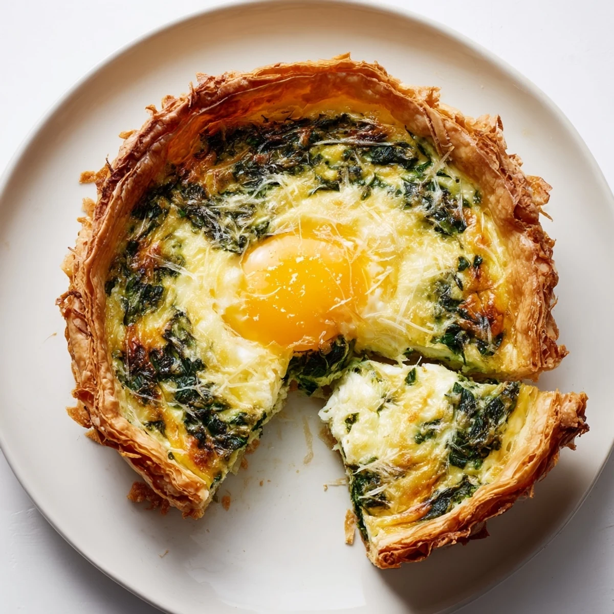 Golden Easter tart sliced on white plate showing creamy ricotta spinach filling and whole egg yolks