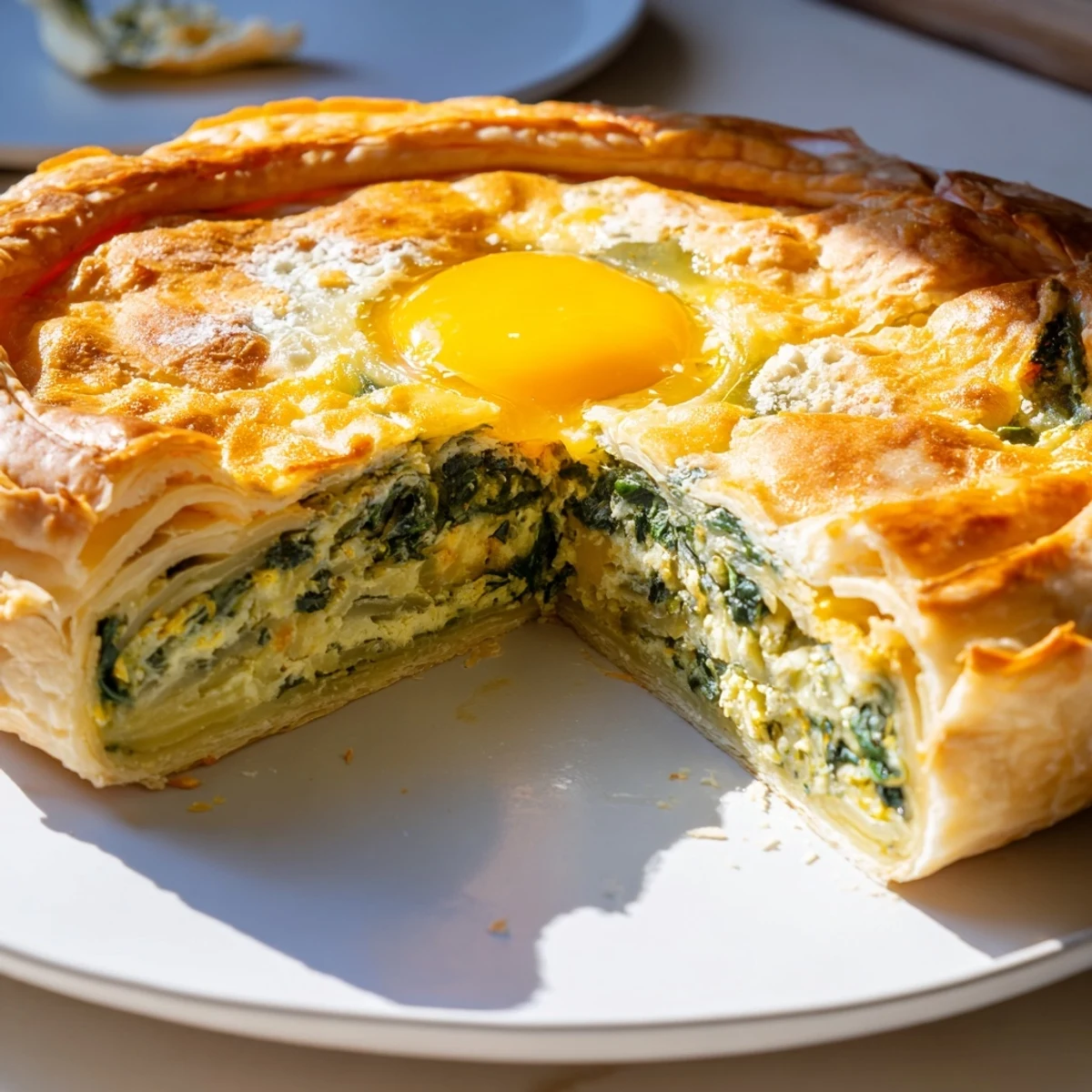 Easter tart featuring golden flaky crust holding creamy ricotta spinach filling with baked eggs visible