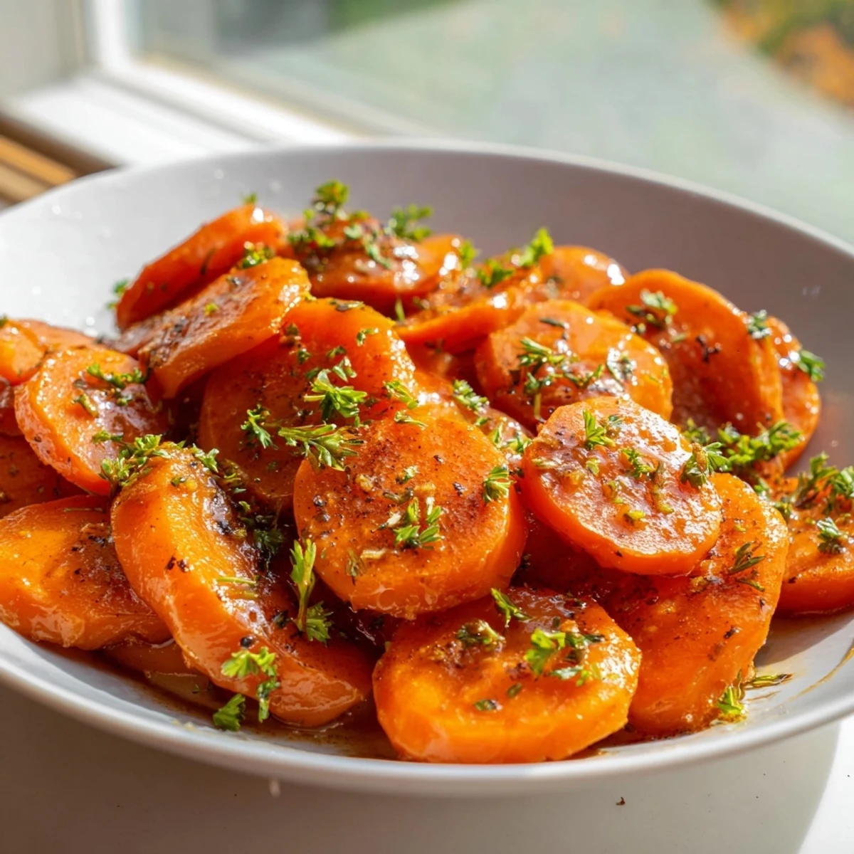 Golden glazed carrots glistening with buttery brown sugar coating on a white serving plate