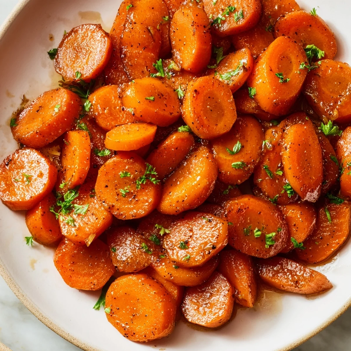 Tender carrot slices swimming in rich amber brown sugar glaze garnished with fresh green parsley