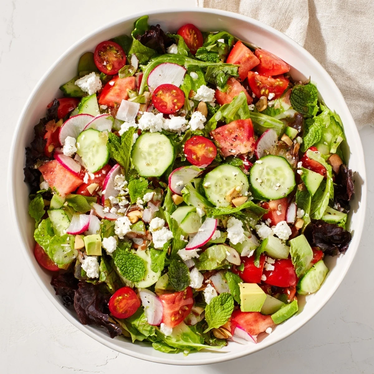Vibrant ultimate summer salad arranged on a white plate with fresh mint, basil, and zesty lemon vinaigrette drizzled on top