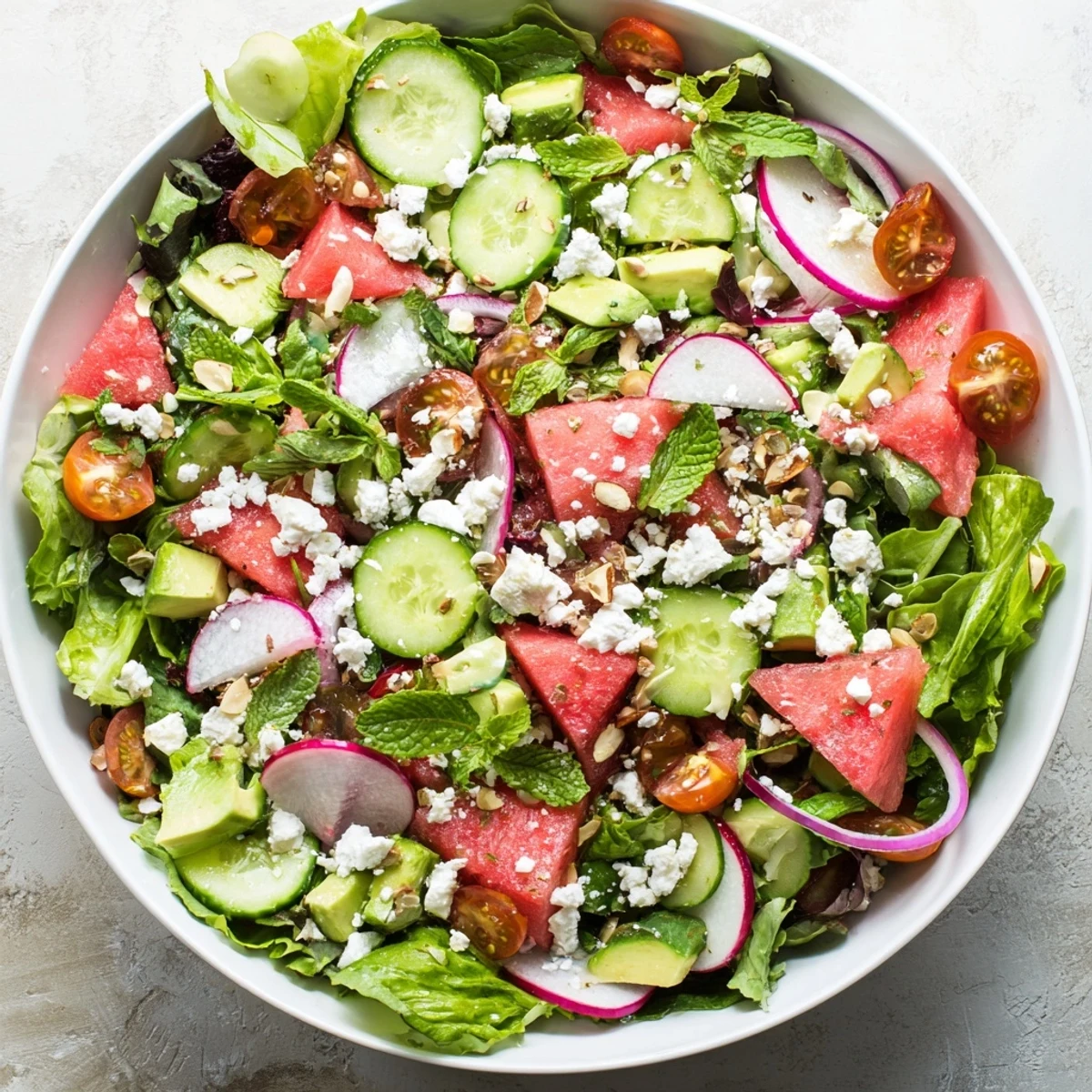 Refreshing ultimate summer salad with crisp cucumber, radishes, toasted almonds, and seasonal fruits in a rustic wooden bowl