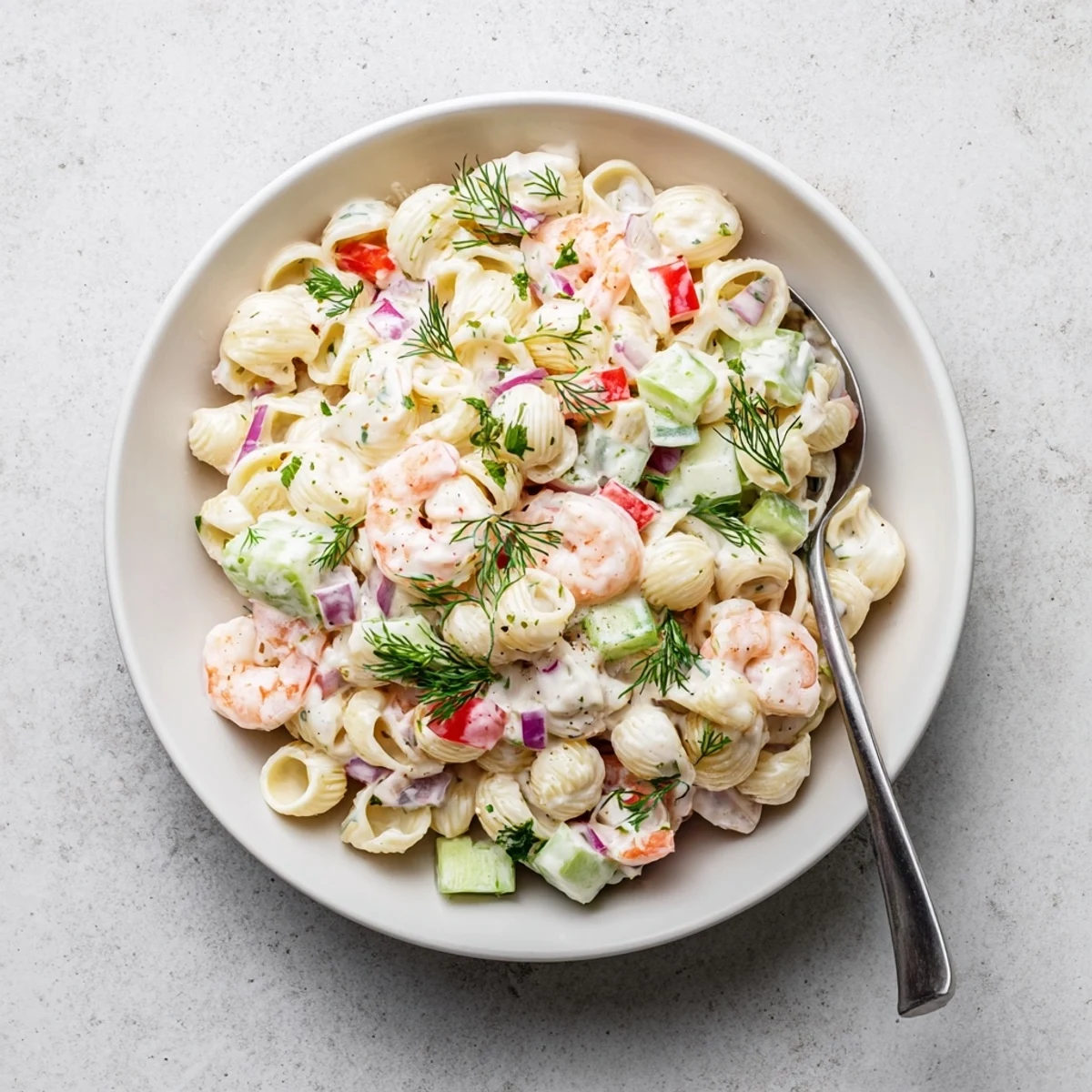 Cold creamy shrimp pasta salad featuring al dente pasta shells and crisp fresh vegetables