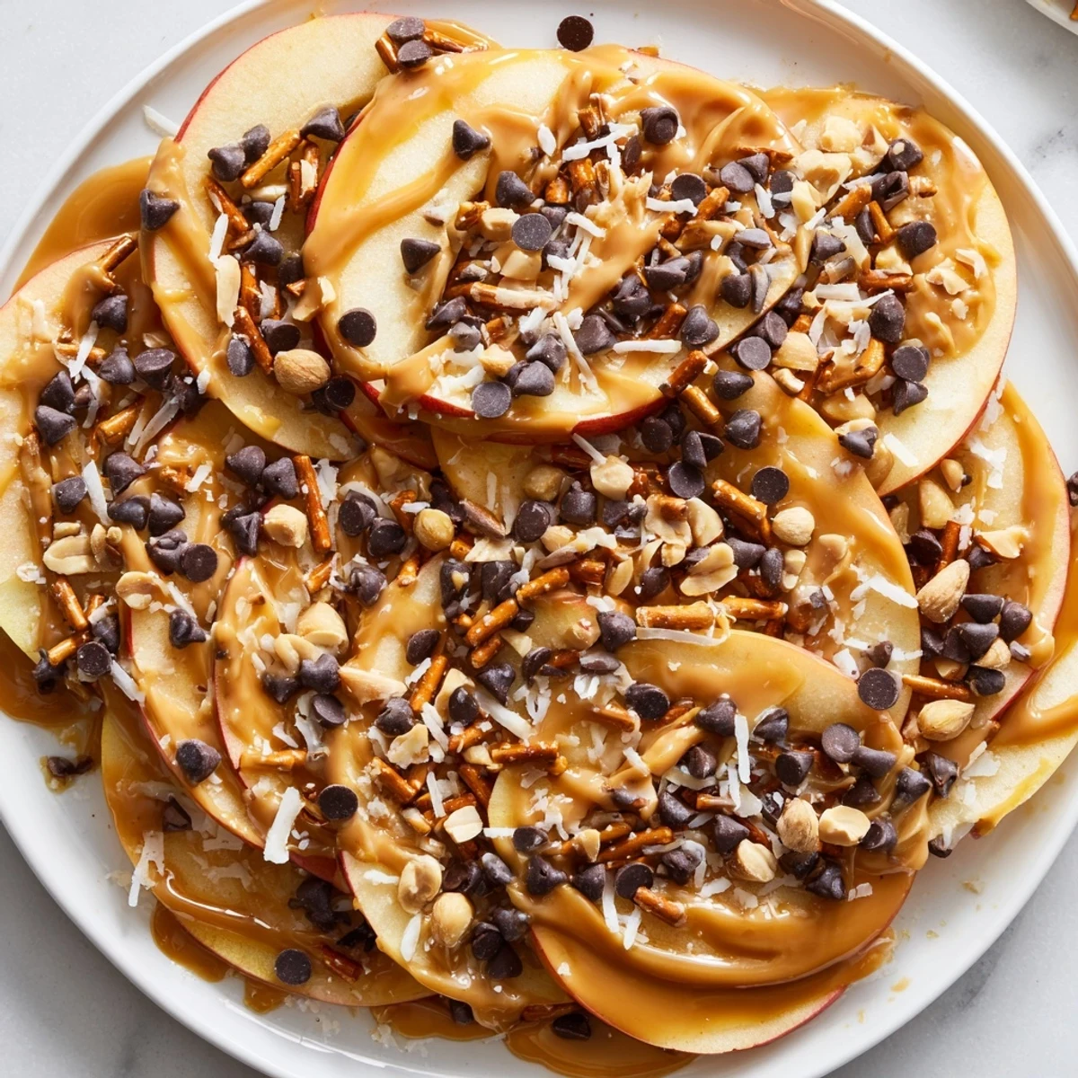 Fresh apple nachos with peanut butter and chocolate drizzle topped with crunchy peanuts and coconut