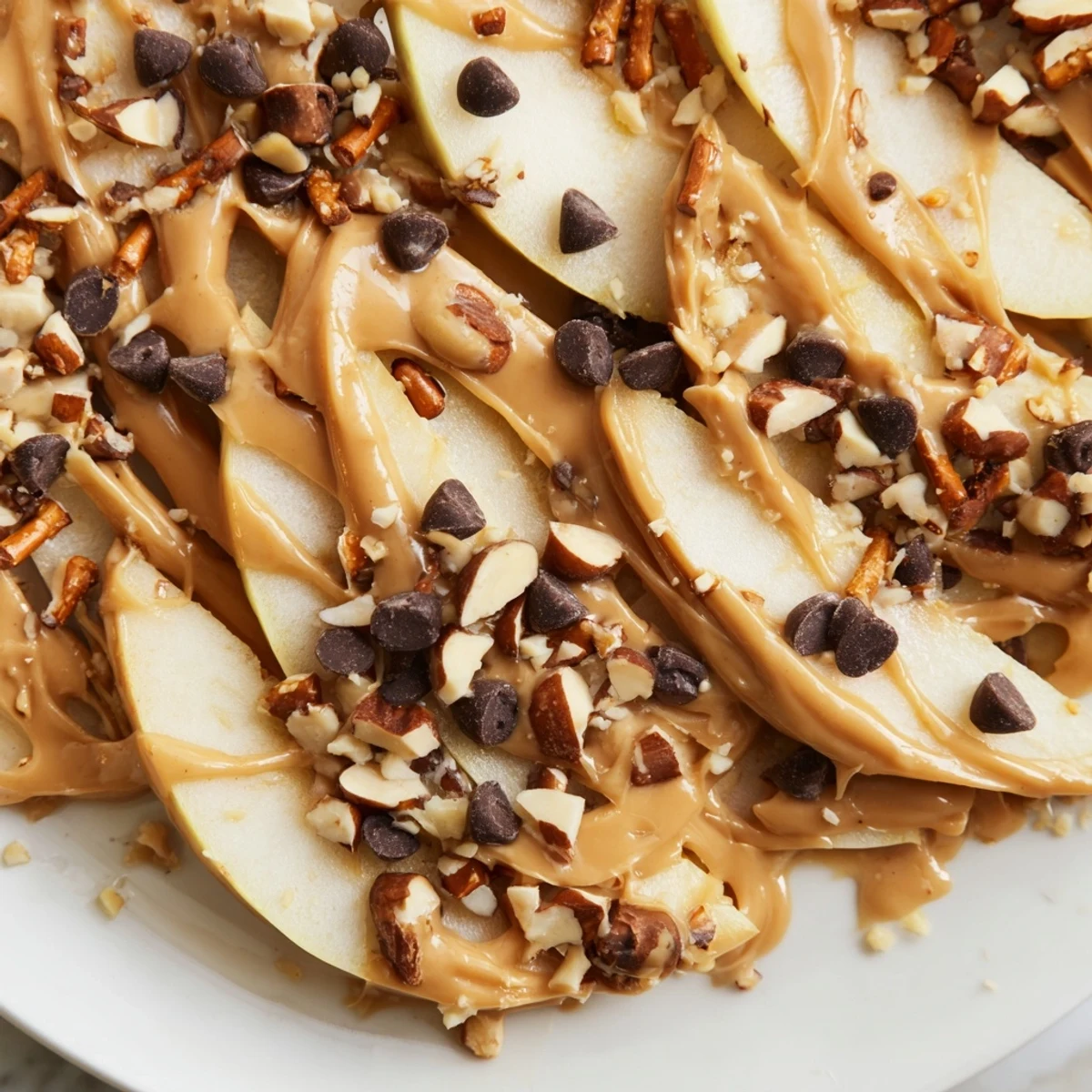 Crisp apple slices arranged on a platter with melted peanut butter and chocolate streams