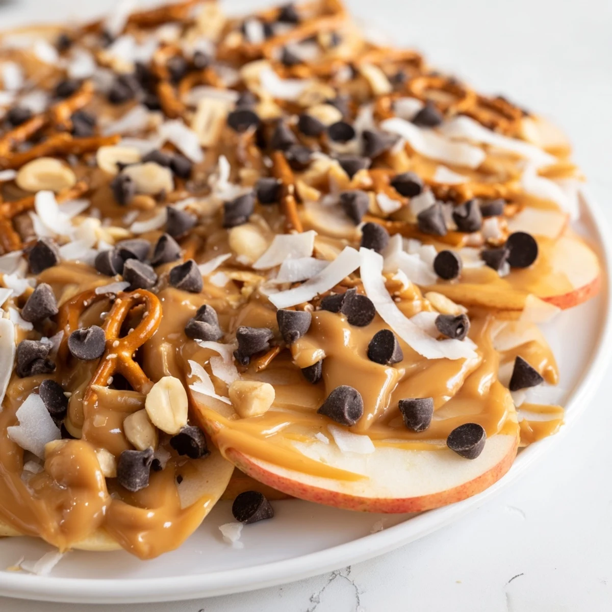 Sweet and salty apple nachos featuring peanut butter sauce and chocolate chip toppings