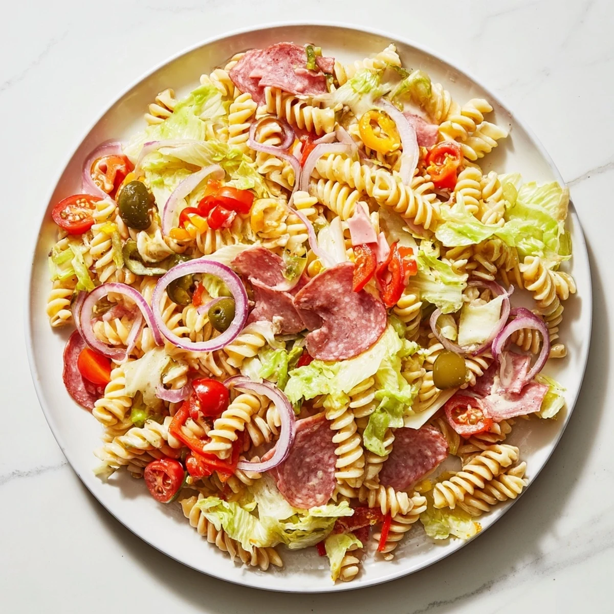 Hearty grinder pasta salad tossed with zesty dressing and colorful vegetables in white bowl